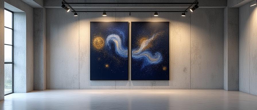 Abstract astronomical art exhibition in a brutalist gallery space